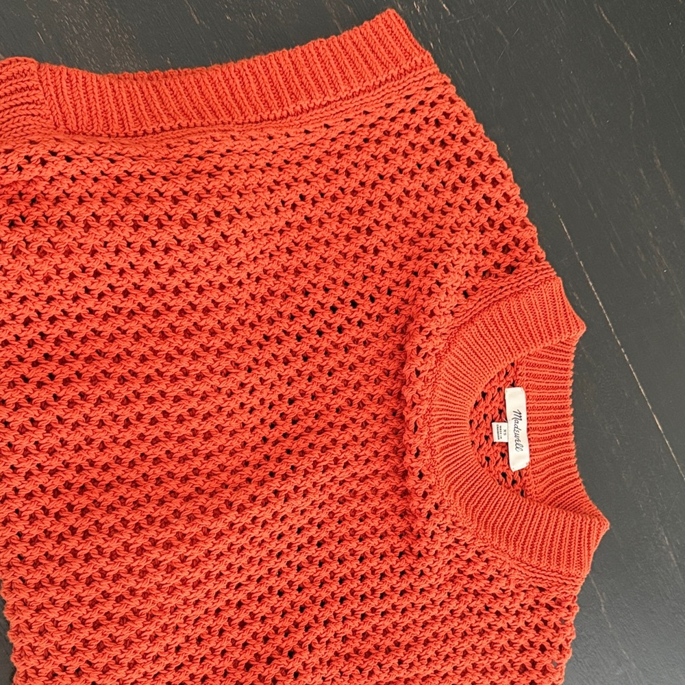 Madewell Coral-Red Open Weave Crewneck Sweater
